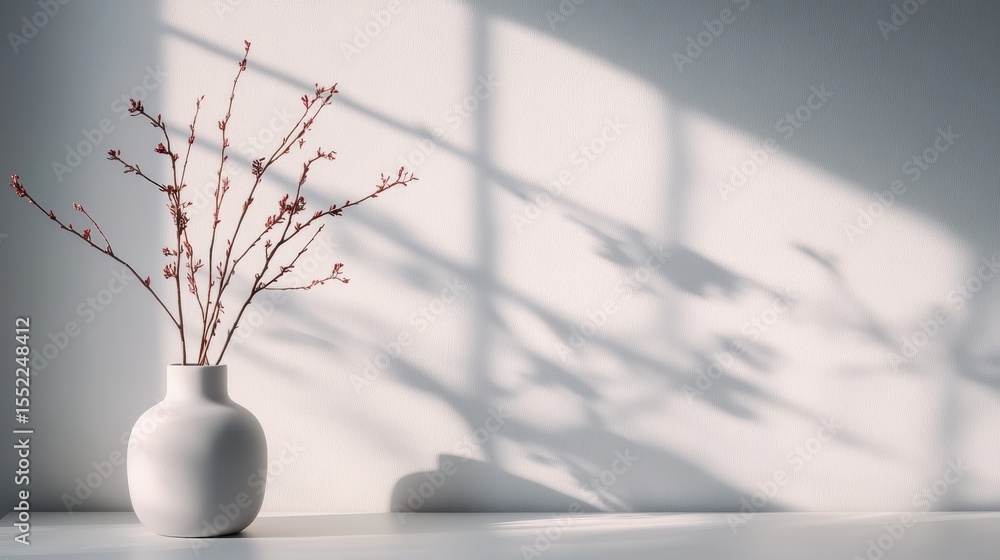 Poster a serene and minimalist still life featuring a white vase with delicate branches casting shadows, cr