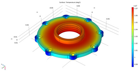 Metal cover, wheel drawing. Computer technic 
3d modeling of steel mechanical part
with hole and thread. Thermal cad analysis.
Investigation of temperature distribution on surface
of mechanical part.