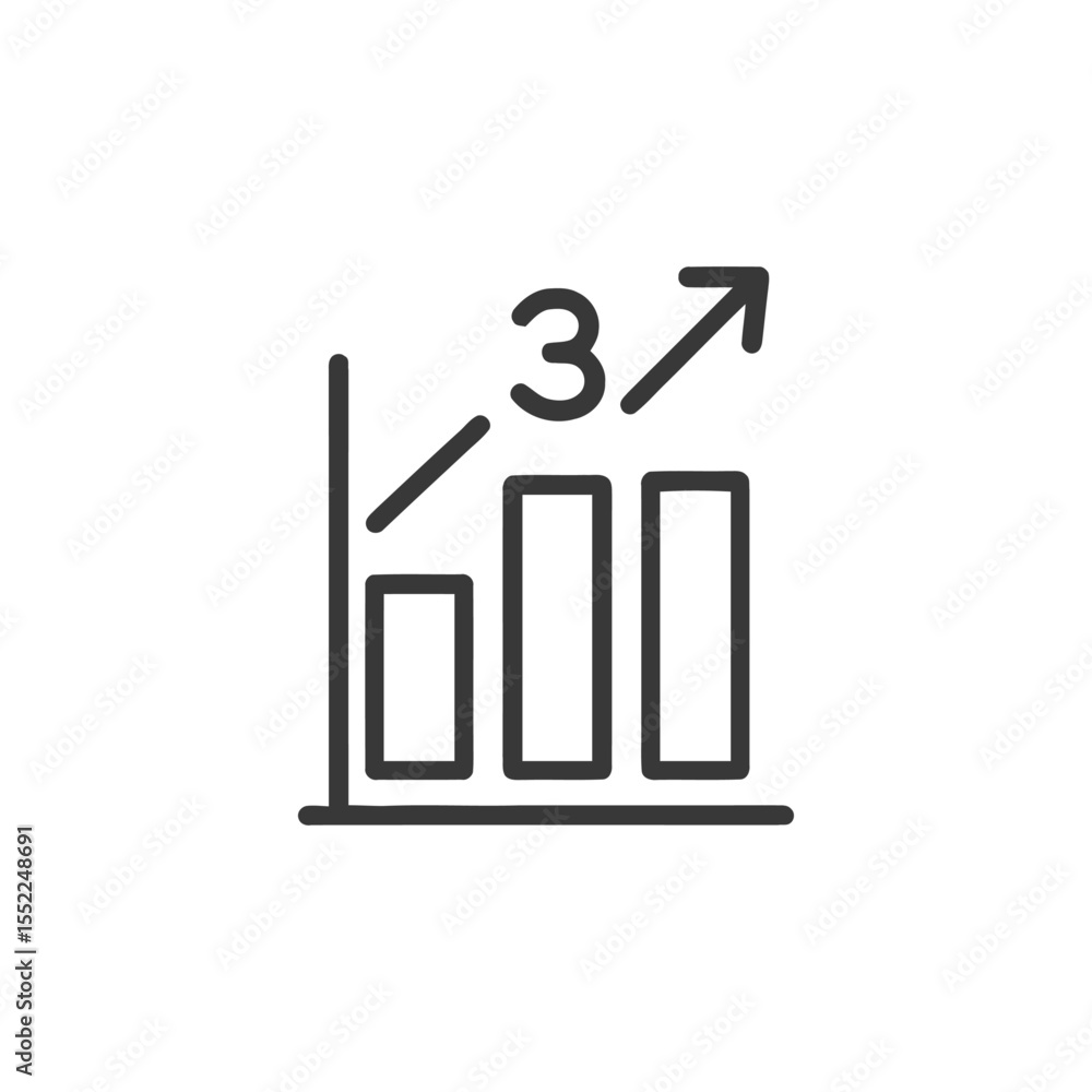Aufkleber ascending bar graph with arrow and number three, line art icon