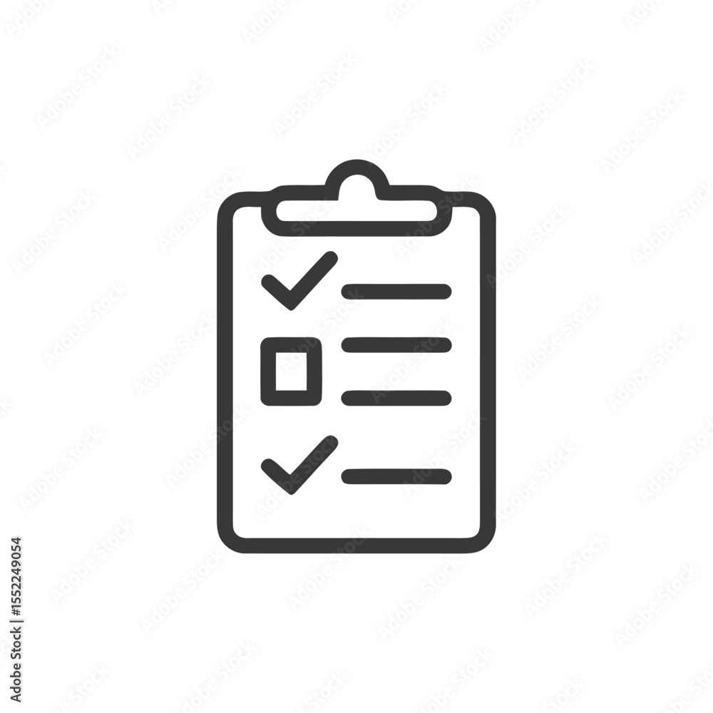 Poster minimalist checklist icon: clipboard with checkmarks and lines on white background