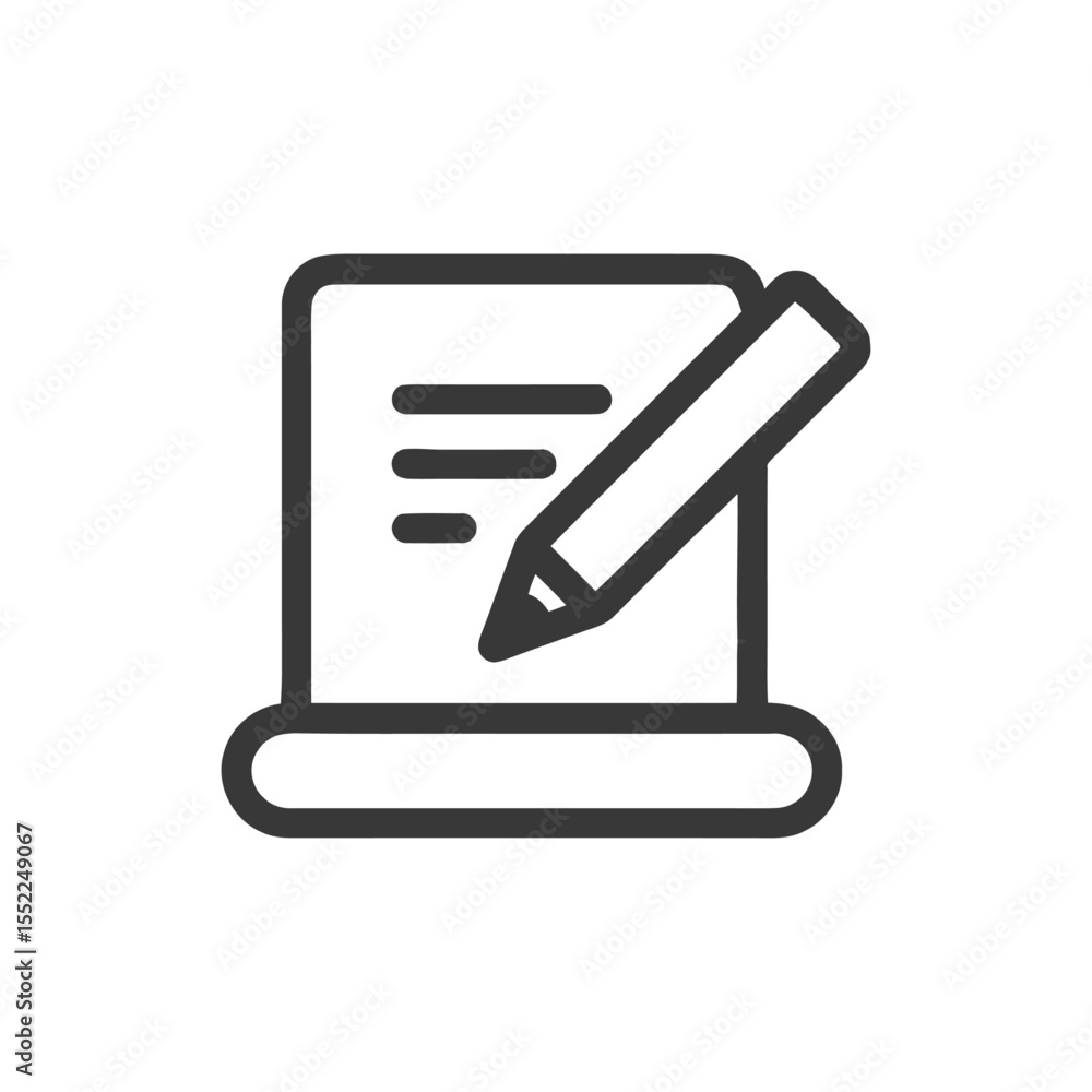 Poster minimalist icon of writing process: pencil on document with lines