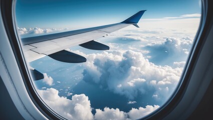 Airplane flying on blue sky and white cloud viewed from window with wing above the cloud.