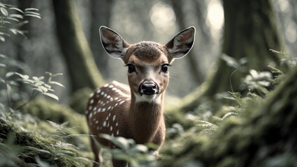 A shallow focus shot of a cute brown deer in the forest curiously observing the surroundings