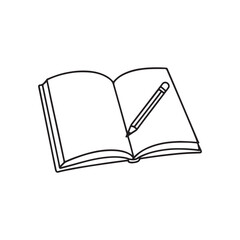 Illustration of an Open Book with a Pencil Resting on the Pages, Depicting Creativity and Writing Processes, Outlined and Detailed