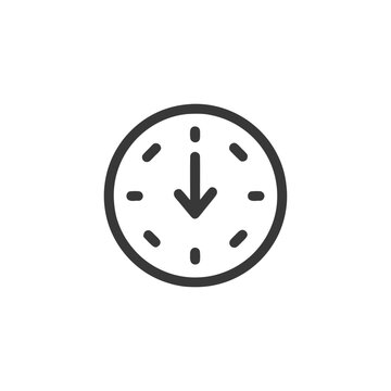 Minimalist Clock Icon with Downward Arrow Hand on White Background
