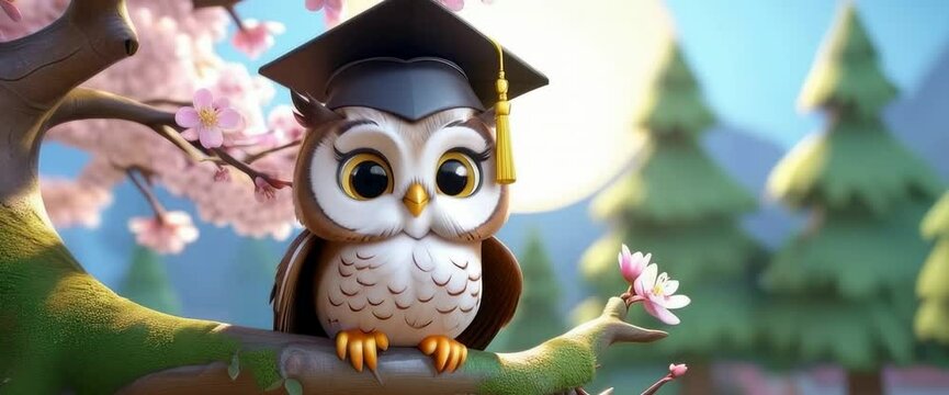 A cute owl wearing a graduation cap is perched on a tree branch. Concept of accomplishment and education, as the owl is dressed in a graduation cap