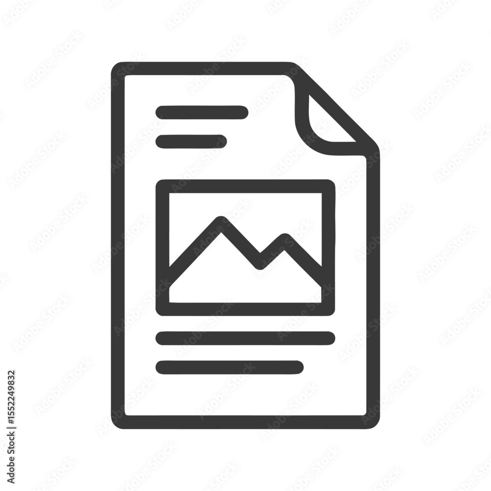 Poster document icon with mountain image and text lines, outline style