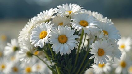 Obraz premium A bouquet of white daisy flowers with yellow pistils on a blurred background, captured with soft focus.