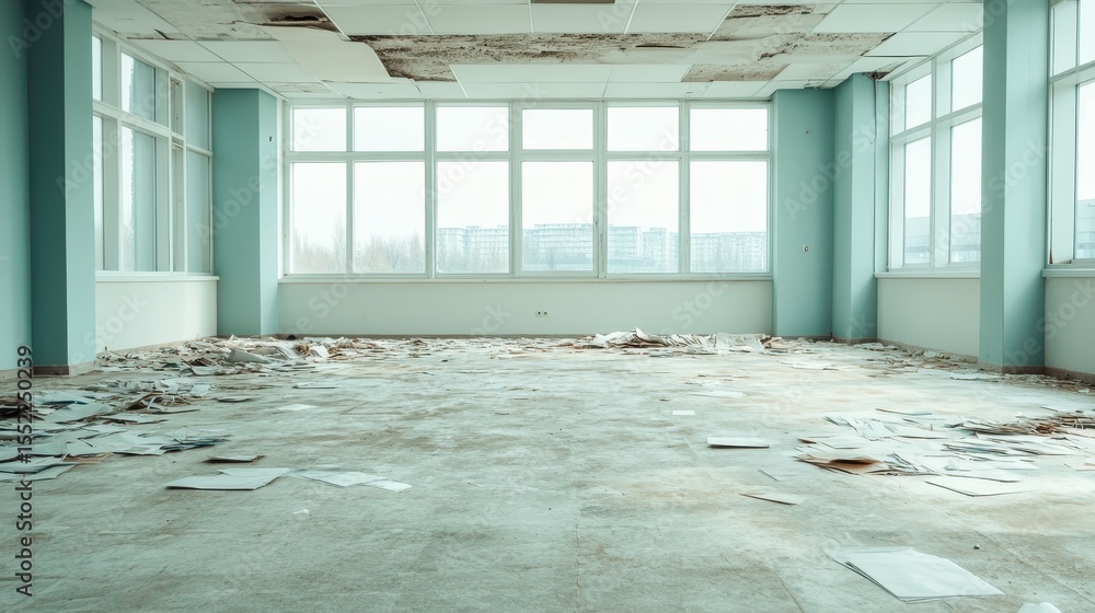 Poster an empty room scattered with papers and illuminated by sunlight through large windows, evoking feeli