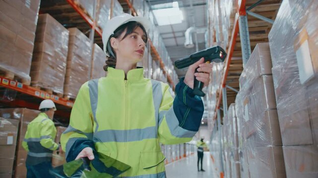 Caucasian female warehouse worker in safety jacket and hard hat scanning pallet with barcode reader while holding tablet. Performing inventory task in large distribution center with stacked boxes.