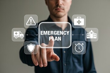 Man s finger touching a digital screen displaying the words emergency plan surrounded by icons representing safety and medical services