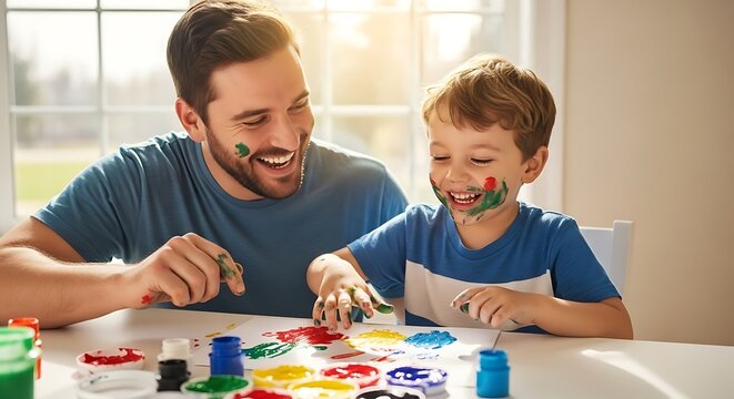 Happy father and son enjoying painting together at home creating colorful artwork family bonding fatherhood childhood fun and creativity indoors daytime