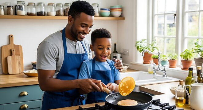 Happy father and son cooking breakfast together in a bright modern kitchen making pancakes smiling enjoying family time bonding making memories