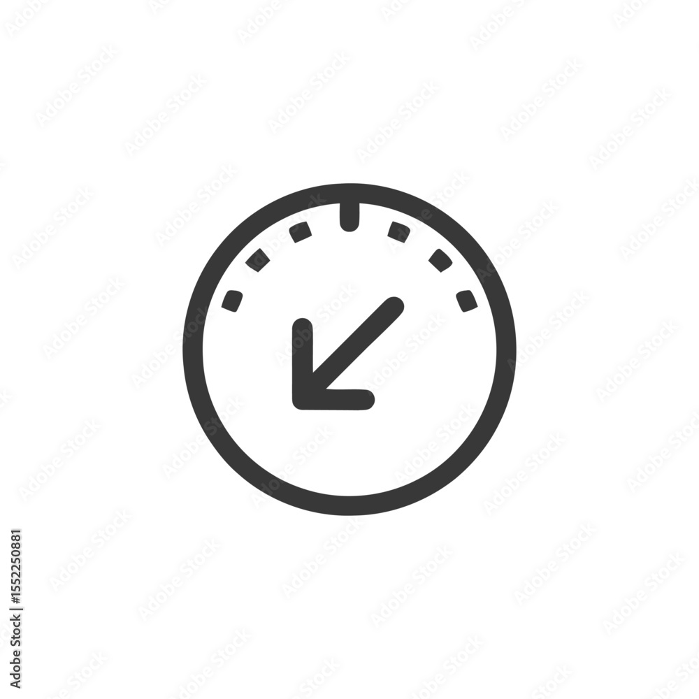 Poster minimalist clock icon with arrow pointing down-left, isolated on white background