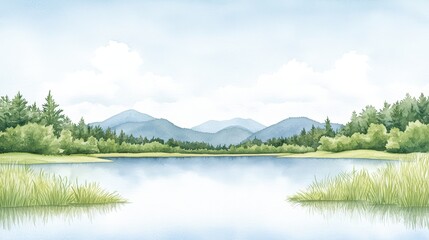 Fototapeta premium Serene Lake Landscape with Lush Greenery and Soft Blue Sky Over Majestic Mountains in Watercolor Style