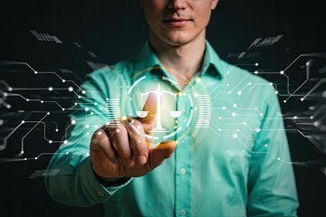 Man s finger touching a digital interface displaying the scales of justice and a circuit board pattern