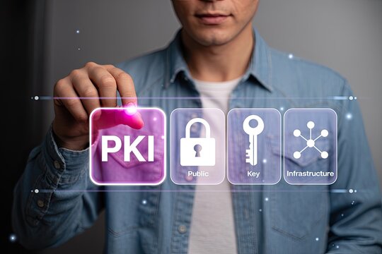Man s finger touching a digital interface displaying pki public key infrastructure with icons for lock key and network connection