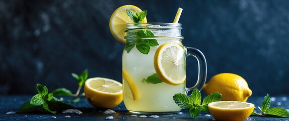 Refreshing Lemonade Drink with Lemon Slice and Mint in the Jar on Dark Background, with Empty Copy Space for Text