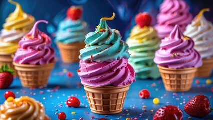 Tasty Ice Cream as Background with colorful ice cream cones and toppings on a vibrant blue surface.