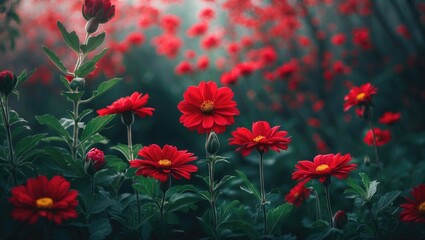 Red Flower And Beautiful Green with empty copy space for text