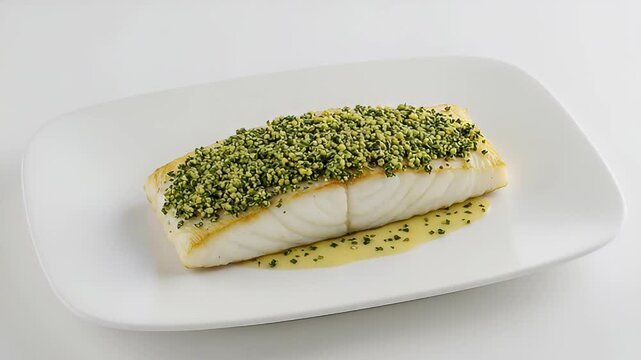 Gourmet Fish Dish On White Plate with Green Herb Coating and Yellow Sauce