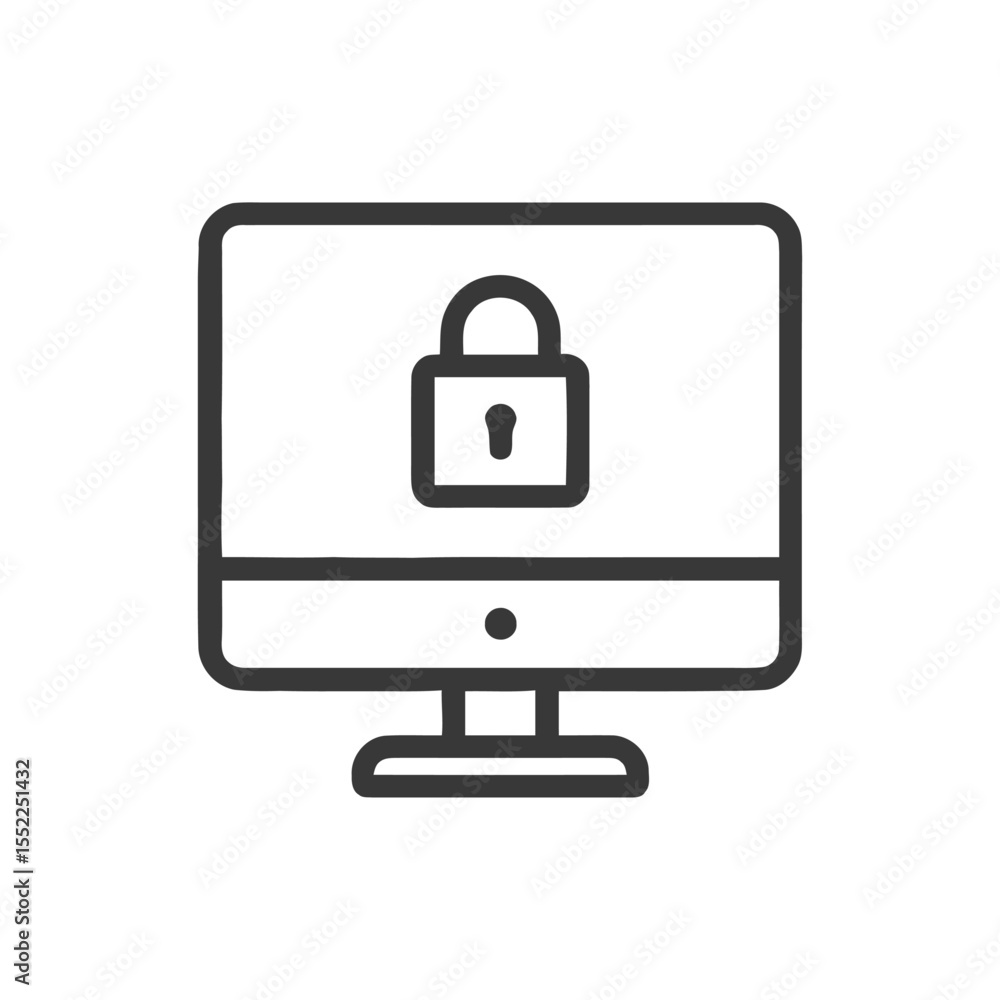 Poster secure computer: minimalist icon of desktop with padlock for data protection