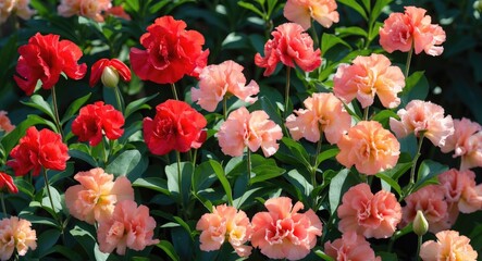 Geum 'Mai Tai' in bright sunlight with vermilion flowers and ruffled petals fading to peach and pink, blooming from late to mid-summer, with empty copy space for text
