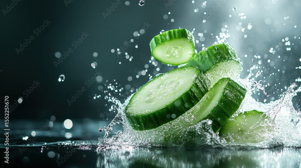 Poster an energetic image shows fresh cucumber slices splashing into water, capturing the freshness and vib