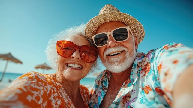 A joyful couple of seniors in stylish sunglasses smile widely for a selfie at the beach, capturing the essence of love, joy, and life's beautiful moments shared together.