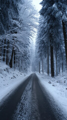 Obraz premium A lonely road winding through a snowy forest in winter