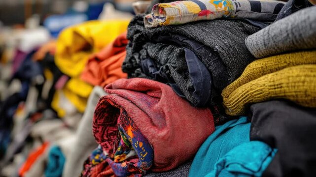 A pile of clothes sitting on a table with no human presence, suitable for use in scenes where clothing is being displayed or used as a prop