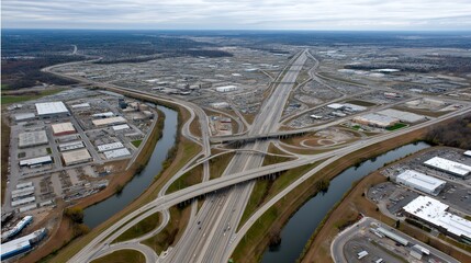 Aerial view shows Highway interchange and complex network infrastructure. AI generated