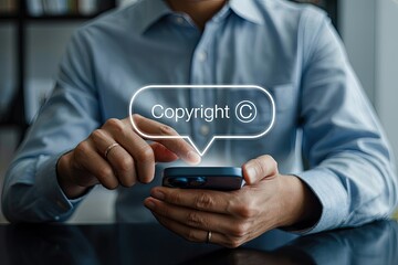 Man s hands holding a smartphone with a glowing copyright symbol and text in a speech bubble overlay