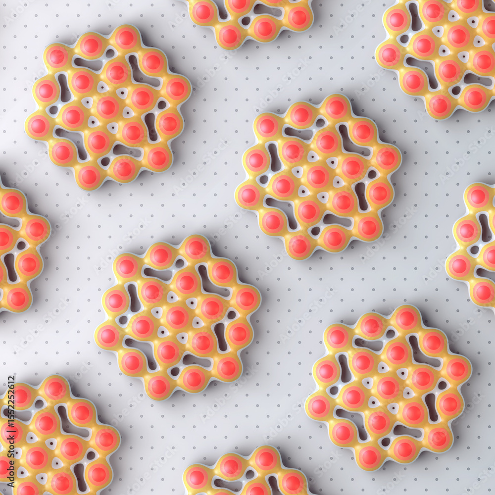 Poster Illustration with a repeating pattern of soft spherical elements connected to form a single structure. 3d rendering