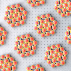 Illustration with a repeating pattern of soft spherical elements connected to form a single structure. 3d rendering