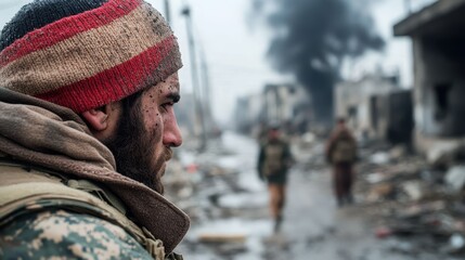 A solemn soldier stands in a war-torn area, reflecting amidst the devastation, portraying the profound impact of conflict on humanity and the resilience of the human spirit.