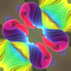 Futuristic digital illustration with curved ribbons forming a complex symmetrical figure. 3d rendering