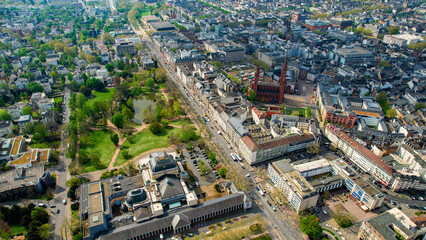 A panorama aerial view around the old town in Wiesbaden Germany on a sunny spring morning