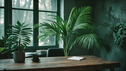 Fototapeta premium Green palm, desk, and napkin with empty copy space for text
