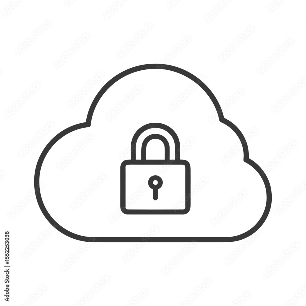 Poster secure cloud storage: padlock icon inside cloud outline, data protection