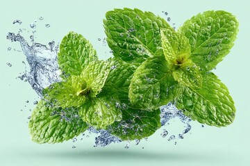 Fresh bright green mint leaves with water splashes on a light background, highlighting natural botanical aroma and refreshing flavor