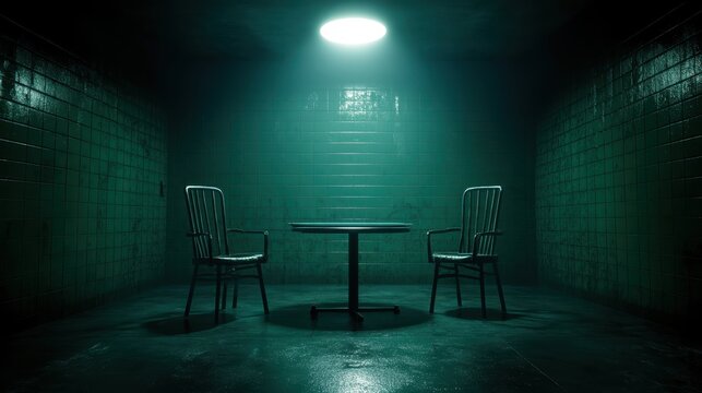 This eerie interrogation room, captured in dim green lighting, features two empty chairs facing a small table, evoking suspense and tension, hinting at untold stories and secrets.