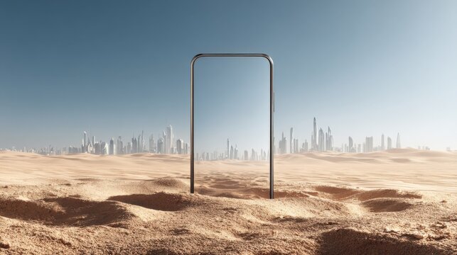 Modern minimalist metal gymnastic parallel bars standing in a desert landscape with a city skyline in the background and a clear sky
