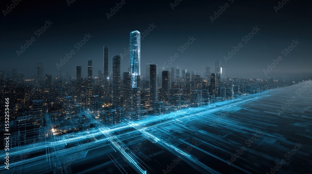 Leinwandbilder futuristic cityscape at night with illuminated skyscrapers and glowing digital grid representing adv