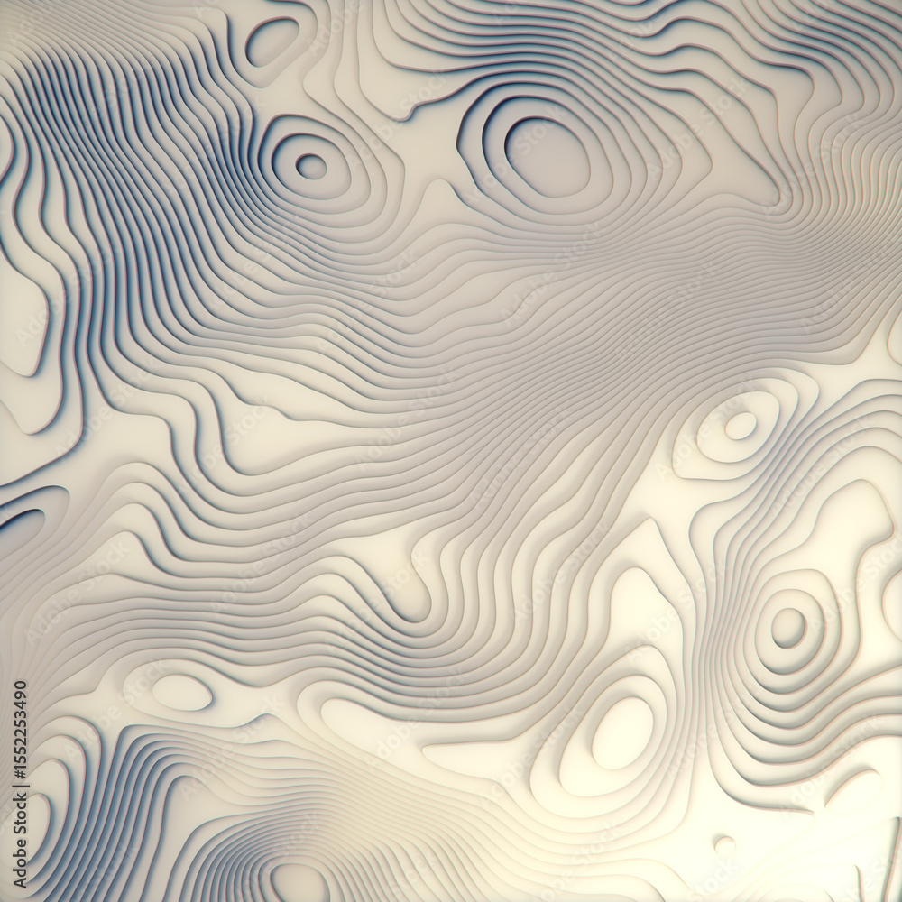 Poster Digital illustration of a white topographic landscape with a wave pattern. 3d rendering