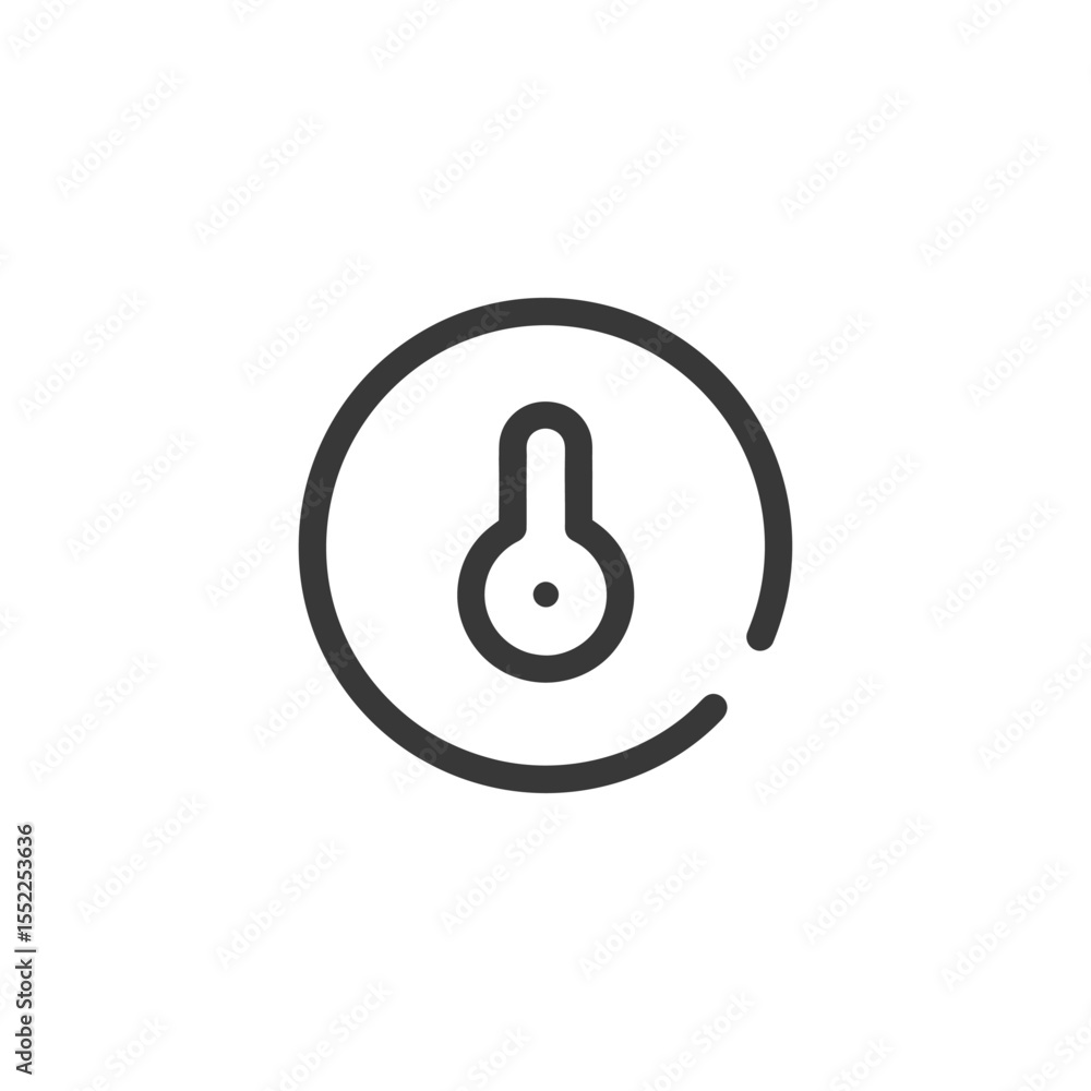 Poster minimalist thermometer icon: circular outline with temperature indicator on white