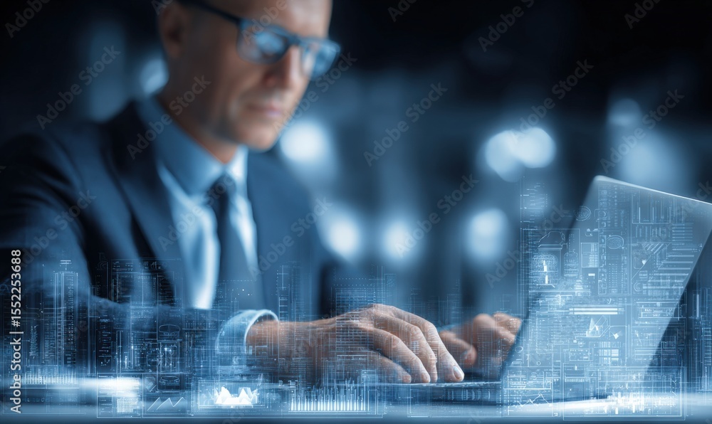 Poster close-up of a professional businessman working on a futuristic transparent laptop with digital data 