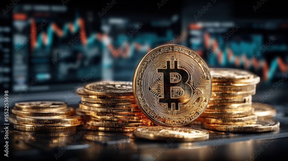 Poster Close up of multiple stacked bitcoin coins in front of digital stock market chart with financial data and fluctuating graph in dark background