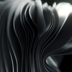 Black and white illustration with waves of stripes of shiny metallic fabric. 3d rendering