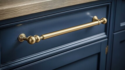 Gold drawer pull on navy blue kitchen cabinet.